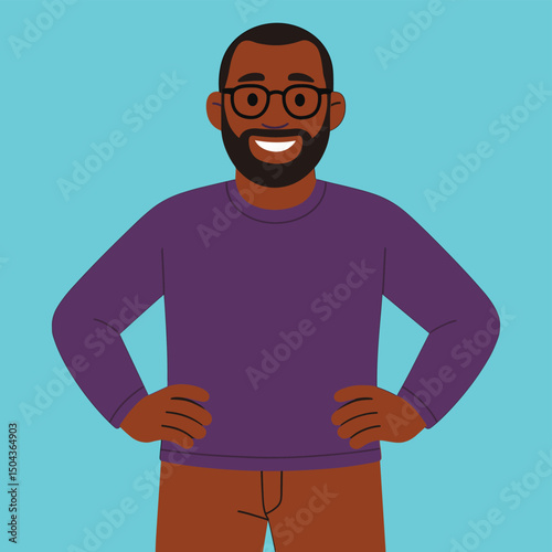 Happy confident African American man with beard and glasses smiling, wearing purple sweater and brown pants, hands on hips, isolated blue background, positive emotion