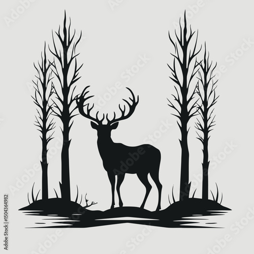 Deer silhouette forest trees antlers nature wildlife animal woodland stag buck outdoors design vector art