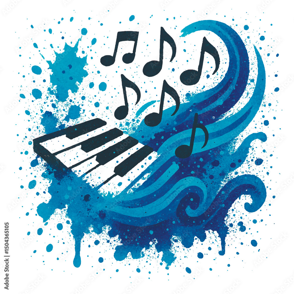 Obraz premium Watercolor splash illustration with piano keys, musical notes and blue ocean waves. Creative music themed artwork on a white background. Isolated vector design.