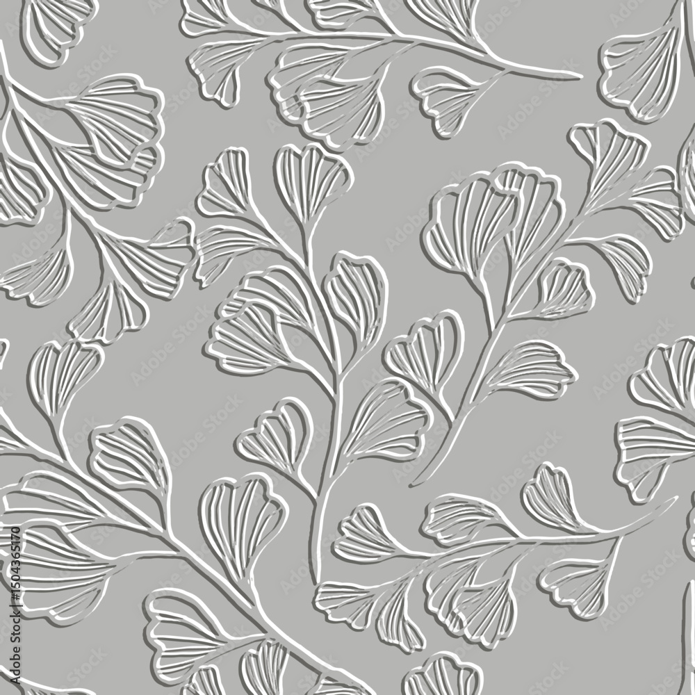 Fototapeta premium Embossed lines 3d floral seamless pattern. Textured beautiful relief flowers background. Repeat emboss vector backdrop. Surface leaves, flowers. 3d line art flowers ornament with embossing effect.
