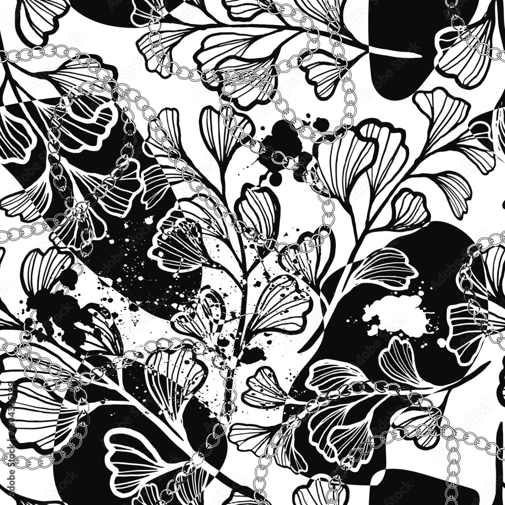Fototapeta premium Seamless black and white beautiful floral pattern with hand drawn ginkgo leaves, abstract ink splashes and silver chains. Trendy vector design for textile, fashion and wallpaper. Endless dirty texture
