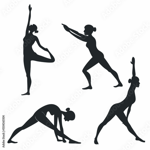 Yoga silhouette collection flexible woman exercising various asanas for health and wellness