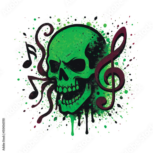 Green skull with music notes and treble clef in watercolor splatter style. Grunge rock illustration with gothic and punk vibes. Vector isolated decorative design on white background.