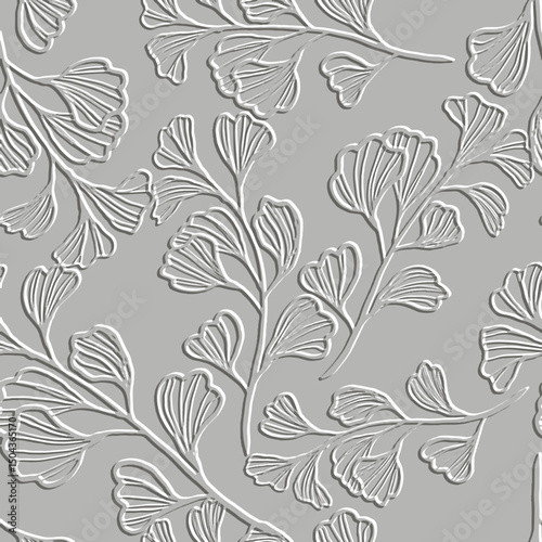Embossed lines 3d floral seamless pattern. Textured beautiful relief flowers background. Repeat emboss vector backdrop. Surface leaves, flowers. 3d line art flowers ornament with embossing effect.