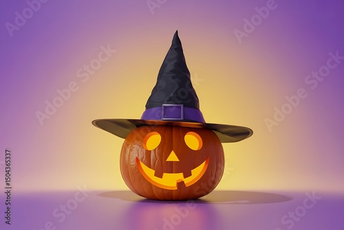 A whimsical pumpkin wearing a witch hat set against a vibrant gradient background