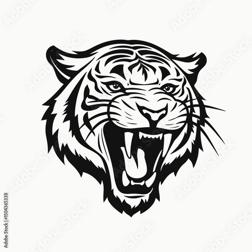 Tiger head vector illustration animal wildlife feline predator roaring graphic design black and white art silhouette