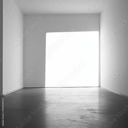 Minimalist interior with bright light through large window casting shadows