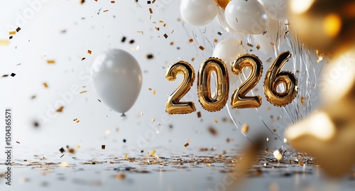 Celebration of New Year 2026 With Gold Balloons and Confetti Scattered on a F...