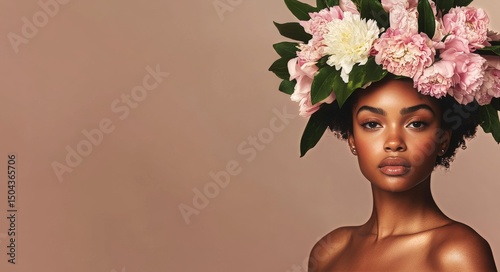 Beautiful Model With Floral Headpiece Posing Against Soft Background