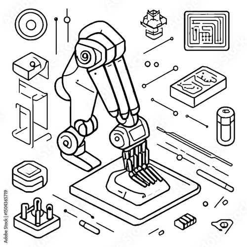 Modern flat illustration of humanoid robot arm assembling microchips, futuristic lab background, metallic and blue color palette, clean and sleek design