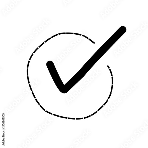A bold black checkmark inside a dashed circular outline on a white background.