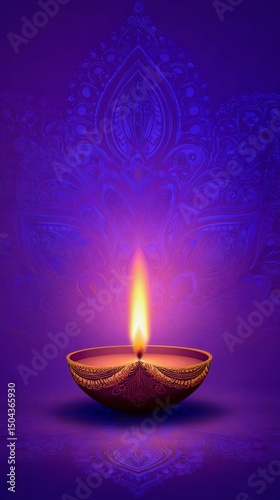 Diya Lamp Glowing With Vibrant Design Against Purple Backdrop During Festive ...