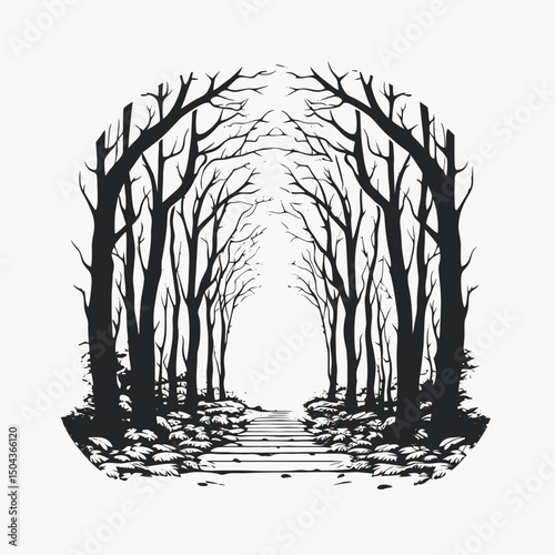 Black trees path forest nature landscape woods branches monochrome scenic mystical artistic illustration silhouette