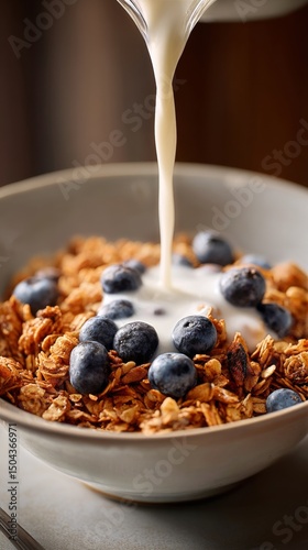 Bowl of Granola Topped With Blueberries and Yogurt Served for Breakfast