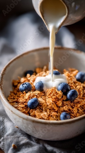 Bowl of Granola Topped With Blueberries and Yogurt Served for Breakfast
