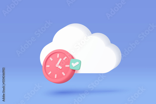 3d alarm clock icon for success cloud storage. Pink time watch minimal design concept of time, service and support around clock. 3d clock on cloud icon vector rendering illustration
