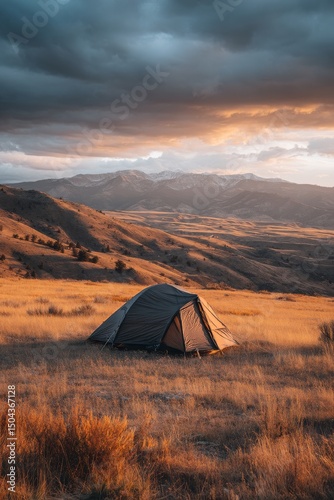 Beautiful Sunset Over a Tent in the Mountains With Rolling Hills and Dramatic...