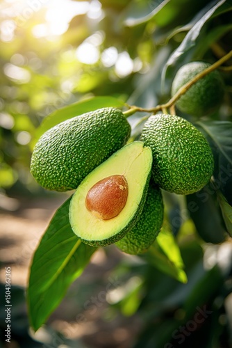Ripe Avocados Hanging on a Tree With One Fruit Cut Open Showing the Seed