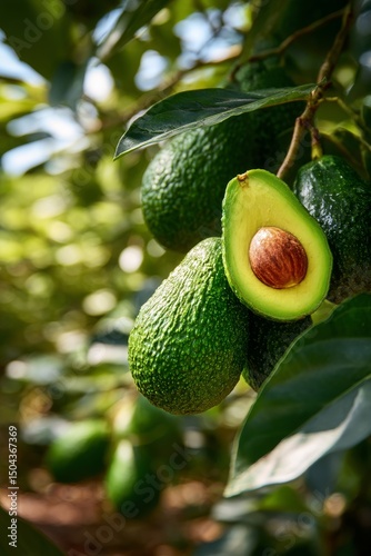 Ripe Avocados Hanging on a Tree With One Fruit Cut Open Showing the Seed