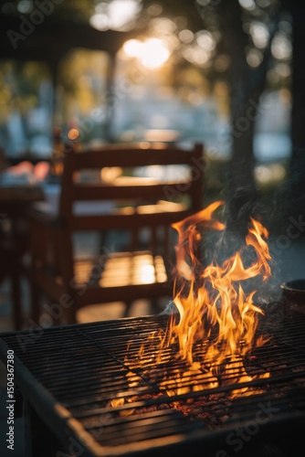 Flames Dance on a Grill During Twilight Barbecue Gathering With Wooden Chairs...
