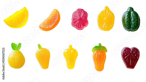  Colorful Fruit-Shaped Gummy Candies on Transparent Background