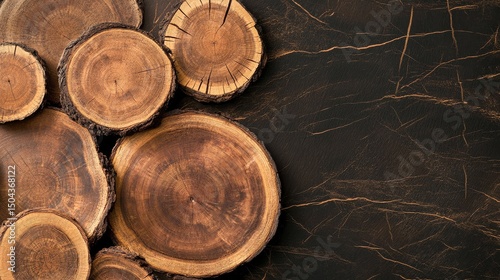 Wood Slices Arranged on a Dark Background Showcasing Natural Textures and Pat...