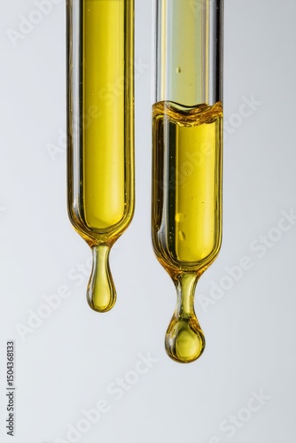 Yellow Liquid Drops Forming From Glass Pipettes Against a Clean White Background