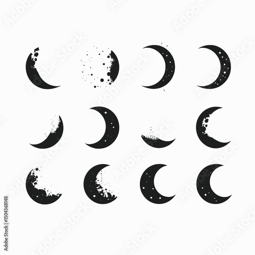 Moon phases astrology lunar cycle crescent gibbous new full celestial astronomy night sky space black white art silhouette