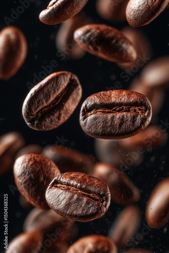 Coffee Beans in Mid-Air With an Elegant Dark Background Highlighting Their Te...
