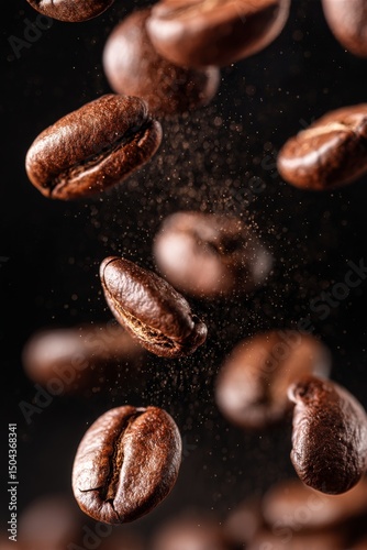 Coffee Beans Falling in a Captivating Display of Texture and Richness in a Da...