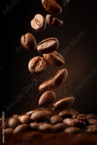 Coffee Beans Falling in a Captivating Display of Texture and Richness in a Da...