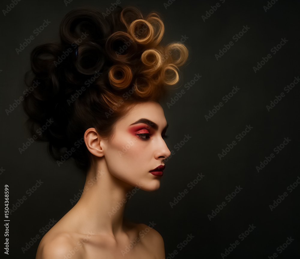 Fototapeta premium Model posing with artistic hairstyle and red makeup on dark background