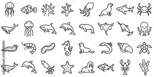 Set of 40 editable sea creatures vector icons. including fish, whales, dolphins, and more, suitable for marine - themed designs, educational materials, and children's products.	