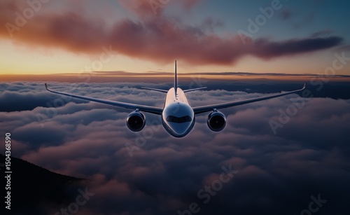 Airplane Flying Above Clouds During Sunset With Vibrant Colors Illuminating t...