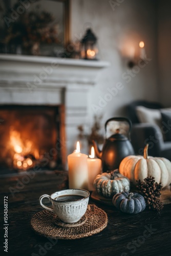 Cozy Autumn Afternoon With Warm Drink and Decorative Pumpkins by the Fireplace