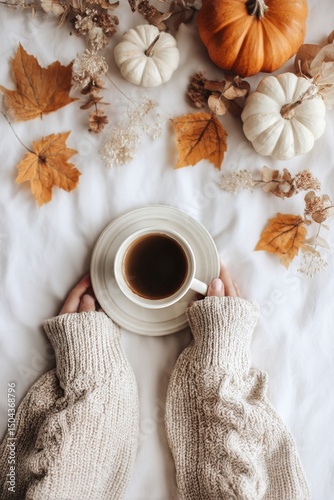 Cozy Autumn Morning With Coffee and Decorative Pumpkins Surrounded by Leaves