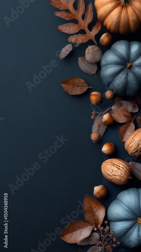 Autumn Arrangement Featuring Pumpkins, Nuts, and Leaves on a Dark Background