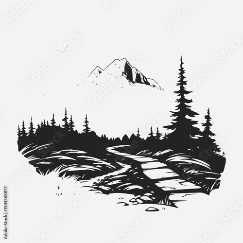 Mountain landscape nature forest trees clouds peak scenic outdoor adventure travel hiking trail view drawing silhouette