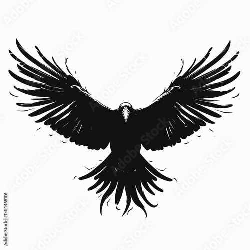 Black crow raven bird flying wings spread animal wildlife nature illustration drawing artwork design art silhouette