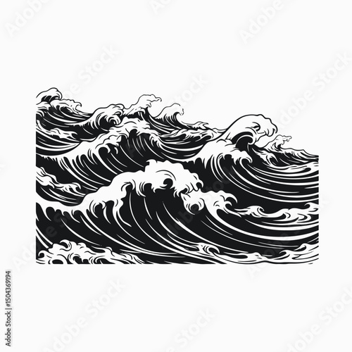 Ocean waves sea water storm tsunami nautical marine black white drawing illustration graphic artwork silhouette