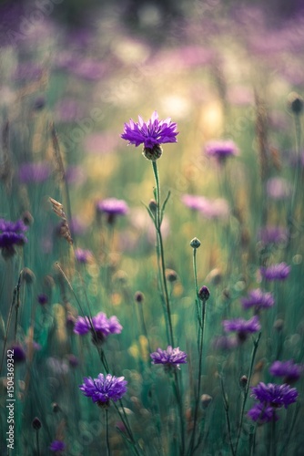 Blooming Purple Flowers in a Serene Meadow During Golden Hour Light
