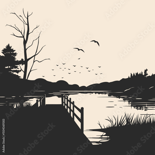 Lake sunset pier birds silhouette landscape nature water reflection scenic peaceful tranquil calm view