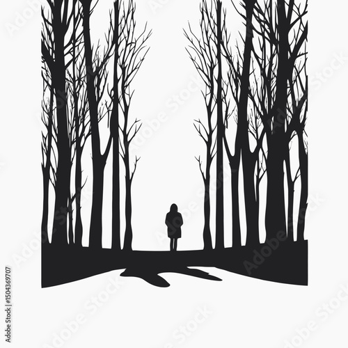 Silhouette forest trees winter dark woods lonely figure walking nature landscape monochrome black white art