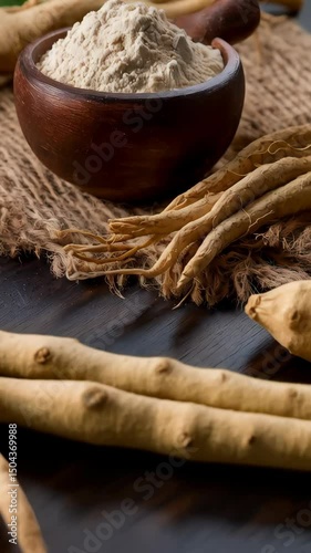 Ashwagandha root and powder still life, presented in a rustic wooden bowl, arranged on a burlap sack.