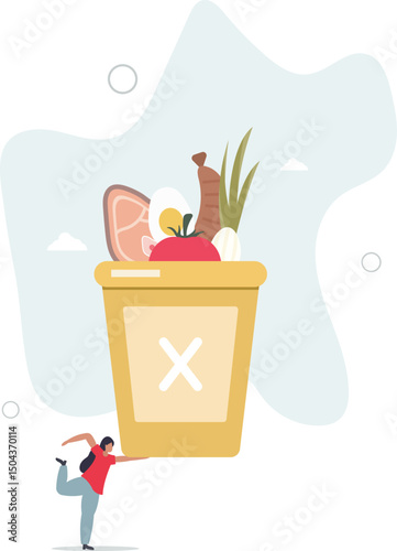 food waste into a trash bin and thinking how to reducing it. Zero waste concept. character life .