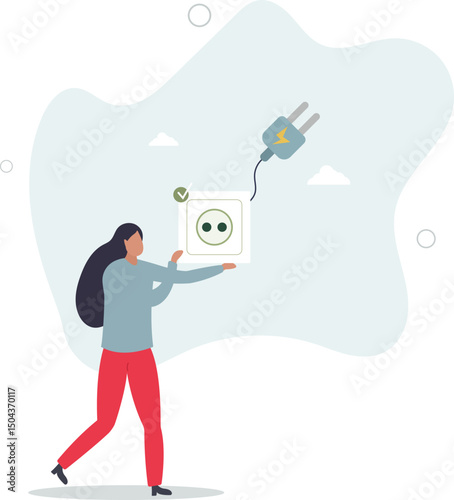 flat vector illustration. unplug appliances.Power save concept. character life .