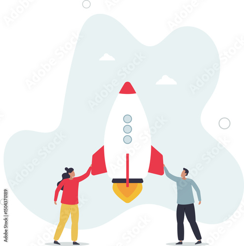 creative team working together. Business communication and collaboration.rocket as a symbol of a startup. character life .