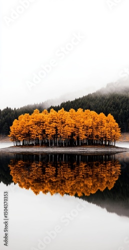 Golden Trees Create a Stunning Reflection on Calm Lake During Autumn Season