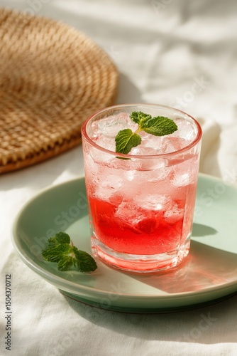 Refreshing Pink Drink Garnished With Mint on a Rustic Wooden Plate in a Softl...