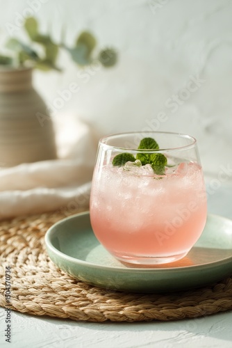Refreshing Pink Drink Garnished With Mint on a Rustic Wooden Plate in a Softl...